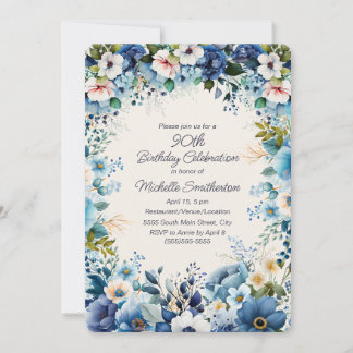 Navy Dusty Blue White Blume 90. Geburtstag Einladung