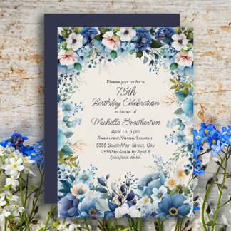 Navy Dusty Blue White Floral 75. Geburtstag Einladung