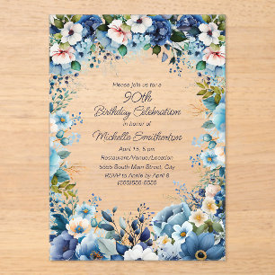 Navy Dusty Blue White Floral 90. Geburtstag Acryleinladungen