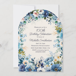 Navy Dusty Blue White Floral Arch 100. Geburtstag Einladung