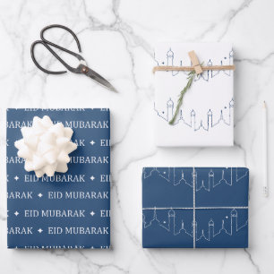 Navy Eid Mubarak Masjid Muster Geschenkpapier Set