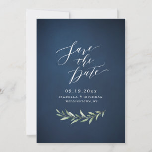 Navy einfache Kalligrafie rustikale Grünzeug Hochz Save The Date