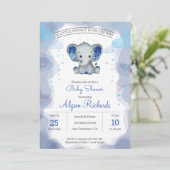 Navy Elefant Watercolor Baby Shower Einladung (Stehend Vorderseite)