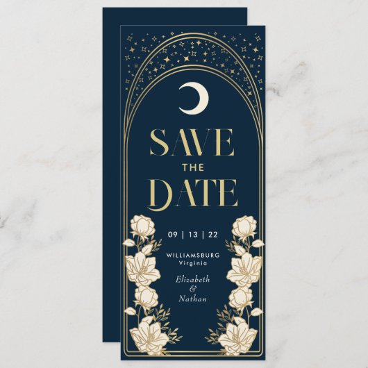 Navy Elegant Arch Art Nouveau Save the Date Einladung (Vorne/Hinten)