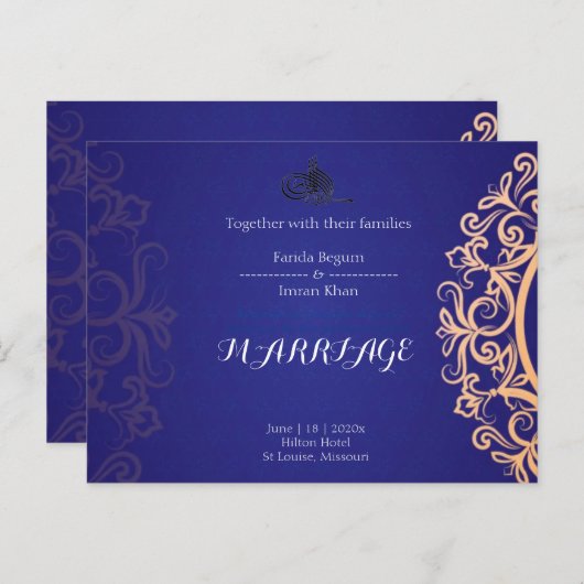 Navy Elegant Blue Muslim wedding Invitation Postkarte (Vorne/Hinten)