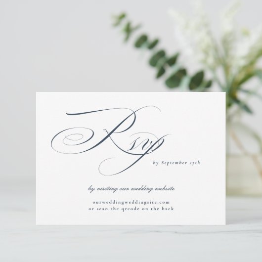 Navy Elegant Calligraphy Wedding Website QR CODE RSVP Karte (Stehend Vorderseite)