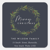 NAVY ELEGANT HOLLY BERRY WREATH CHRISTMAS-ADRESSE QUADRATISCHER AUFKLEBER (Vorderseite)