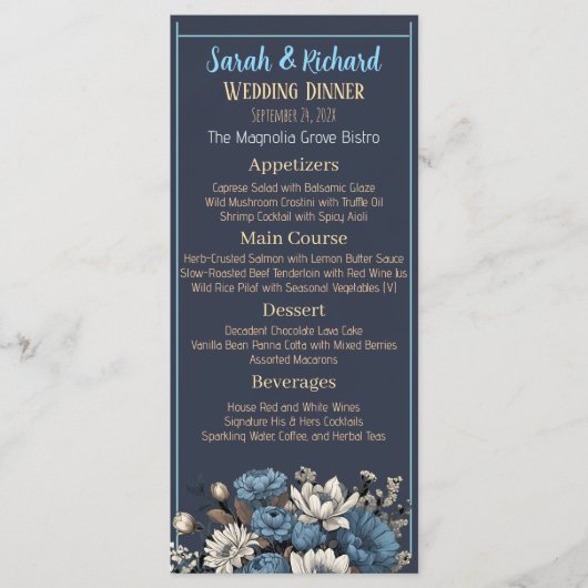Navy Elegant Moody Floral Wedding Menükarte (Vorderseite)