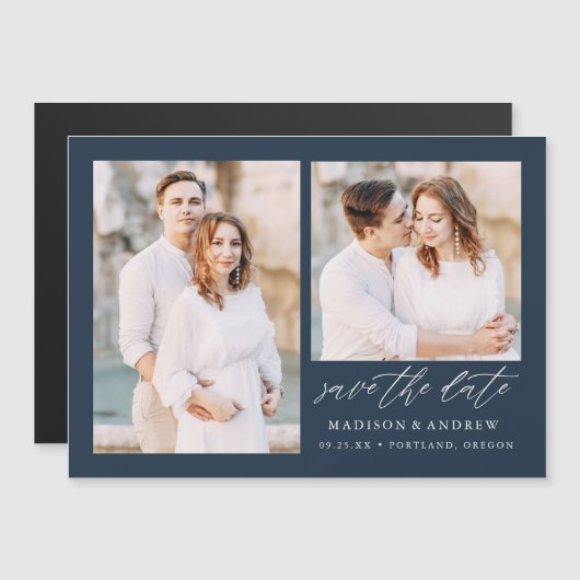 Navy Elegant Script 2 Foto: Save the Date Magneteinladung (Vorne/Hinten)
