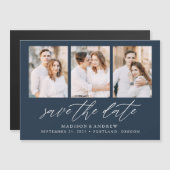 Navy Elegant Script 3 FotoCollage Save the Date Magneteinladung (Vorne/Hinten)