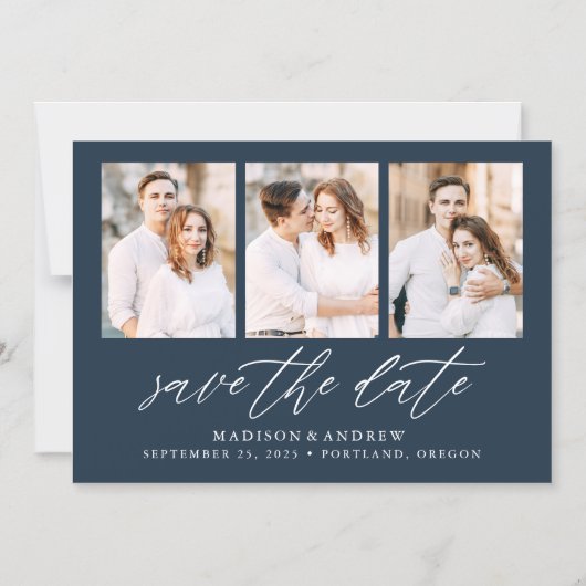Navy Elegant Script 3 FotoCollage Save the Date Magneteinladung (Vorderseite)