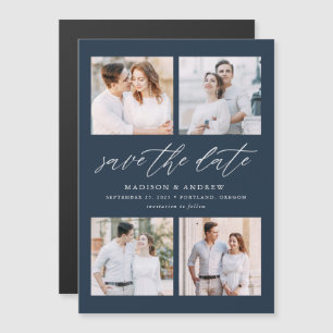 Navy Elegant Script 4 FotoCollage Save the Date Magneteinladung