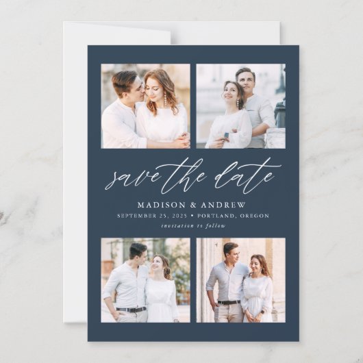 Navy Elegant Script 4 FotoCollage Save the Date Magneteinladung (Vorderseite)
