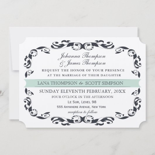 Navy Elegant Viktorianisch Blüh Filligree Wedding Einladung (Vorderseite)