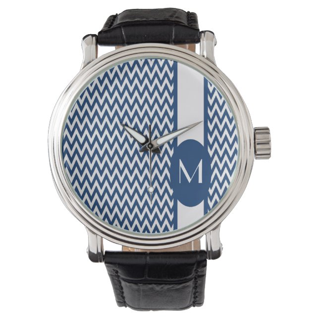 Navy Elegant Zickzack Design mit Monogramm Armbanduhr (Vorderseite)