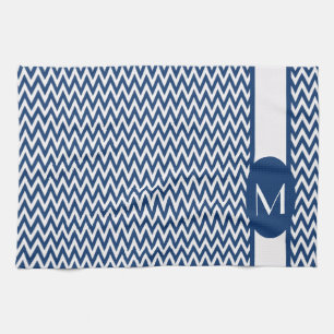 Navy Elegant Zickzack Design mit Monogramm Geschirrtuch