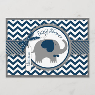 Navy Elephant Bow Krawatte Zickzack Print Baby Dus Einladung