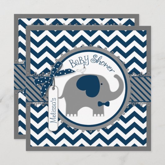Navy Elephant und Zickzack Print Baby Shower Einladung (Vorne/Hinten)