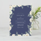 Navy Elfenbein Blatt Hochzeit Einladung (Stehend Vorderseite)