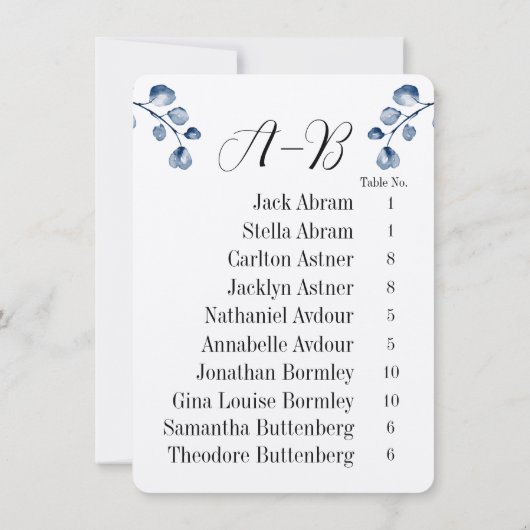 Navy Eucalyptus Alphabet 10 Guest Table Chart Card Einladung (Rückseite)