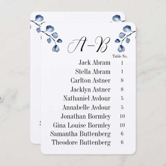 Navy Eucalyptus Alphabet 10 Guest Table Chart Card Einladung (Vorne/Hinten)