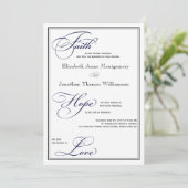 Navy Faith Hope Liebe Skript Hochzeit Einladung (Stehend Vorderseite)
