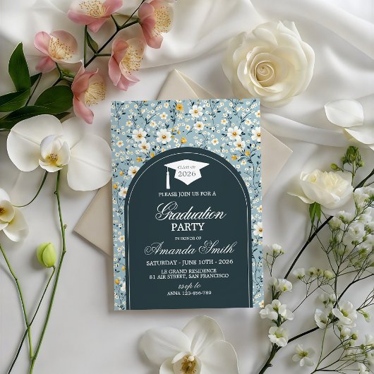 Navy Floral Arch Class of 2026 Grad Invite Einladung