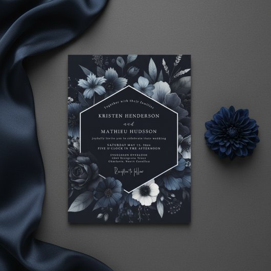 Navy Floral Bloom Hochzeit Einladung