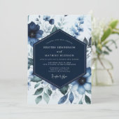 Navy Floral Bloom Romance Wedding Einladung (Stehend Vorderseite)