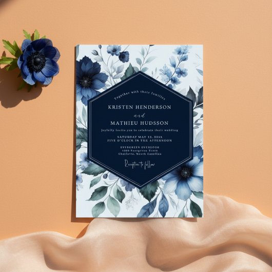Navy Floral Bloom Romance Wedding Einladung