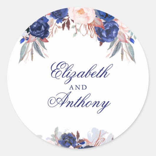 Navy Floral Boho Chic Wedding Runder Aufkleber (Vorderseite)