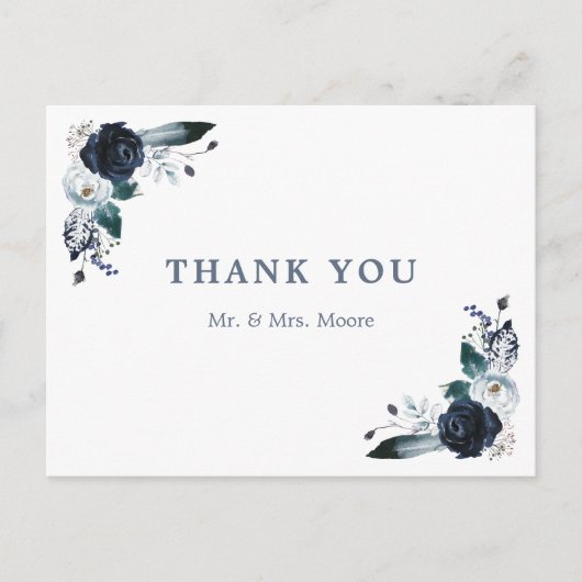 Navy Floral Boho Hochzeit Danke Postcard Postkarte (Vorderseite)