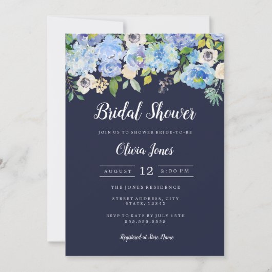 Navy Floral Brautparty Card Einladung (Vorderseite)