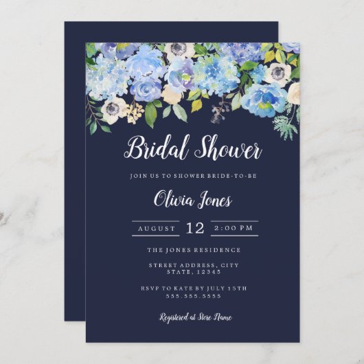 Navy Floral Brautparty Card Einladung (Vorne/Hinten)