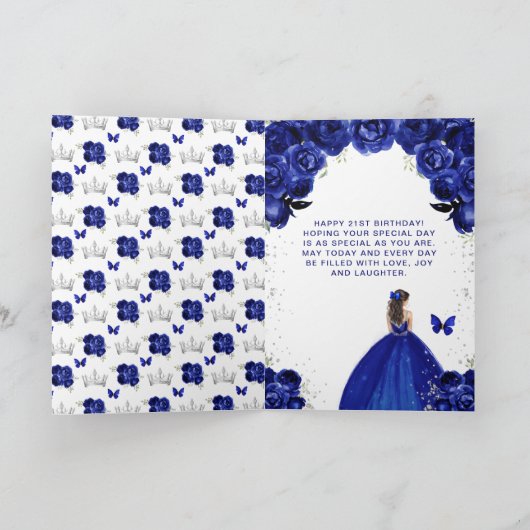 Navy Floral Brünett Hair Girl Happy Birthday Karte (Innenseite)