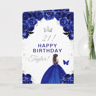 Navy Floral Brünett Hair Girl Happy Birthday Karte