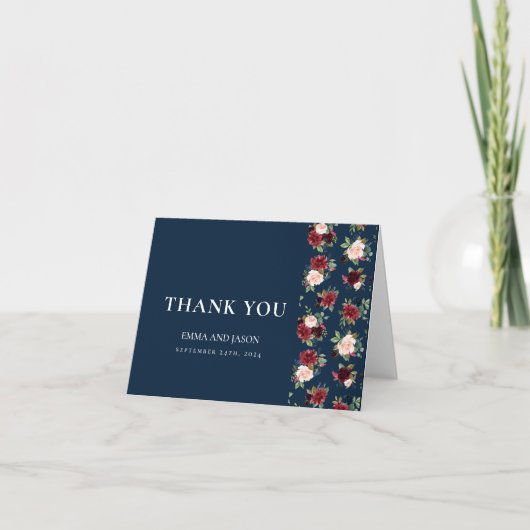 Navy floral Burgundy Blush Wedding Danke Karte (Vorderseite)