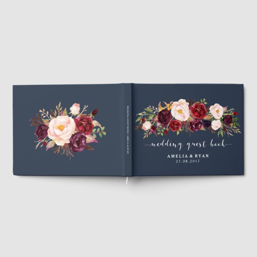 Navy Floral Burgundy Wedding Guest Book Gästebuch (Voll)