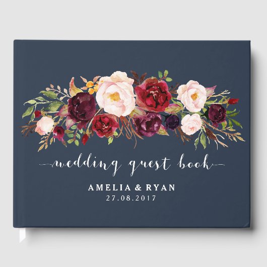 Navy Floral Burgundy Wedding Guest Book Gästebuch (Vorderseite)