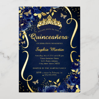 Navy Floral Butterfly Tiara Quinceanera Folieneinladung