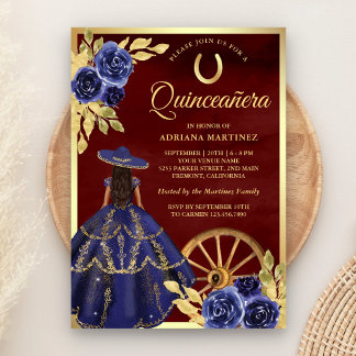 Navy Floral Dress Charro Burugundy Quinceanera Einladung