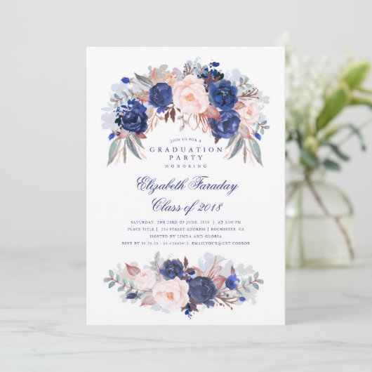Navy Floral Elegant and Modern Graduation Party Einladung (Stehend Vorderseite)