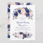 Navy Floral Elegant and Modern Graduation Party Einladung (Vorne/Hinten)