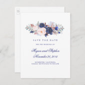 Navy Floral Elegant Save the Date Ankündigungspostkarte (Vorne/Hinten)