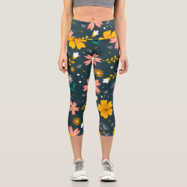 Navy Floral Garden Whimsical Spring Pattern Capri Leggings