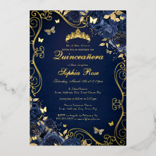 Navy Floral Gold Swirl Butterfly Quinceanera Folieneinladung