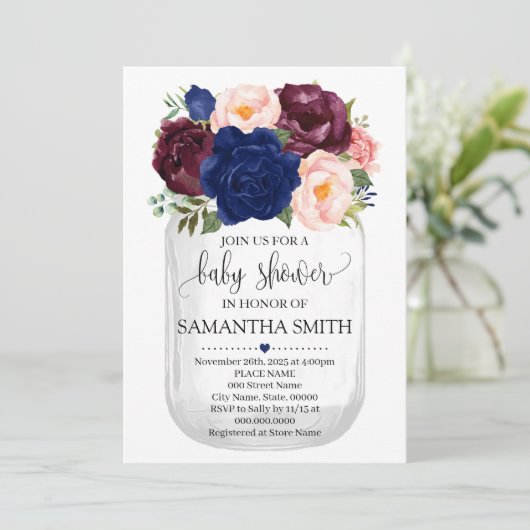 Navy Floral Mason Jar Baby Dusche Country Chic Einladung (Stehend Vorderseite)
