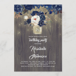 Navy Floral Mason Jar Rustic Geburtstagsparty Einladung
