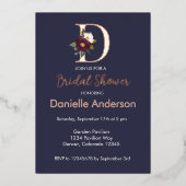 Navy Floral Monogram Letter D Brautparty Gold Folieneinladung (Vorderseite)