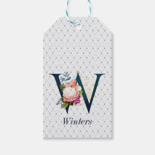 Navy Floral Monogram W Geschenkanhänger